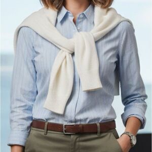 Lands’ End Blue Pinstripe Popover Cotton Elastane Blouse 10